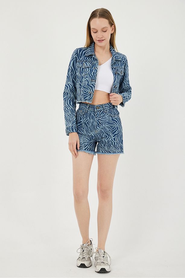 Kadın Zebra Desenli Yüksel Bel Denim Şort Etek Mavi - 3