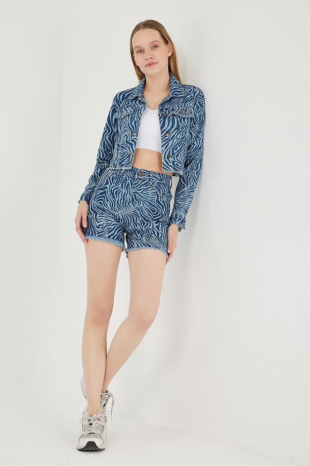 Kadın Zebra Desenli Yüksel Bel Denim Şort Etek Mavi - 7