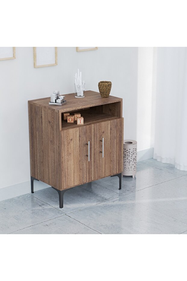 Medium Height Cabinet with 2 Door Storage and Single Open Shelf-Truffle Davos Oak - 5