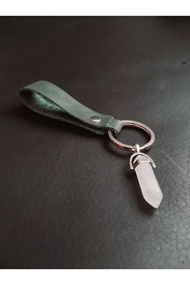 Natural Quartz Stone Khaki Green Khaki Leather Keychain