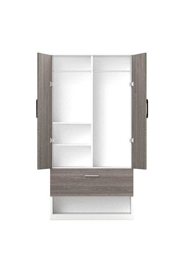 Wooden Wardrobe With 2 Door Open Rack, Rod And Compartments-Grey Brown White River Oak/Premium White