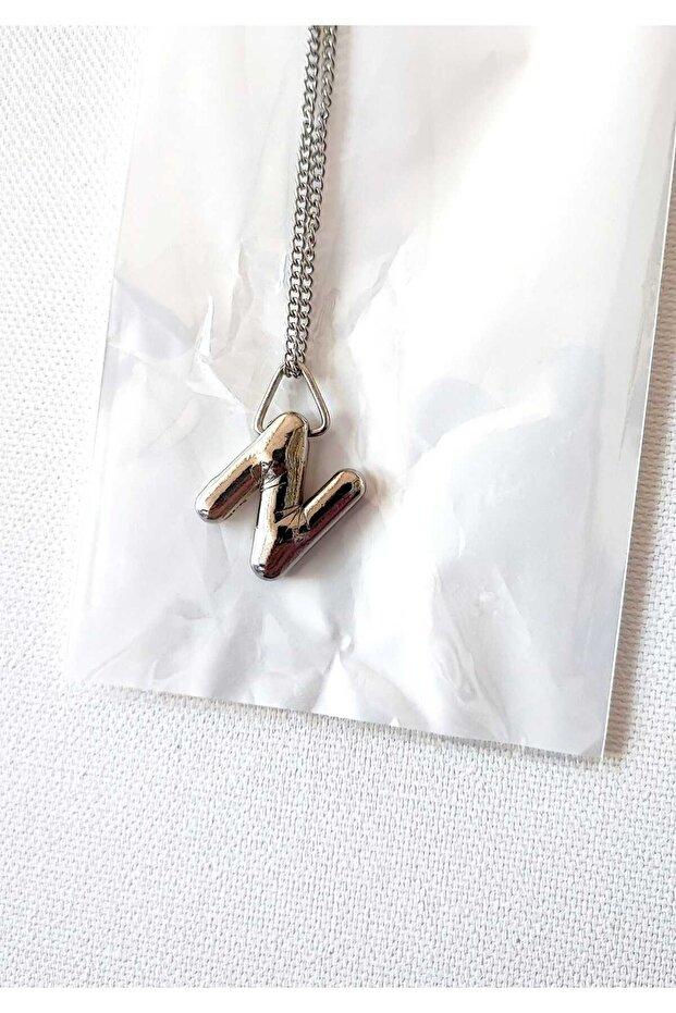 Balon Harf Çelik Kolye "N" Harfi / 3 Boyutlu / Bubble Model - 1