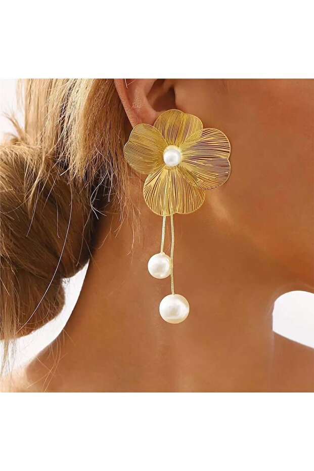 Gold Pearl Dangle Steel Flower Earrings