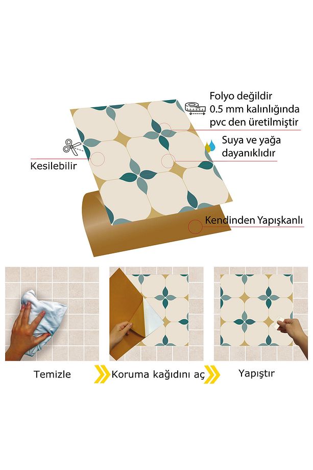 Kendinden Yapışkanlı Zümrüt Çiçekli Desenli Pvc Karo 30x30 Cm (11 ADET) 1m2 - 3