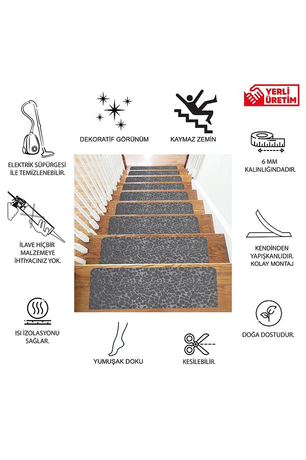 Gri Kaydırmaz Keçe Merdiven Matı 22x75 cm - 7 Adet - 3