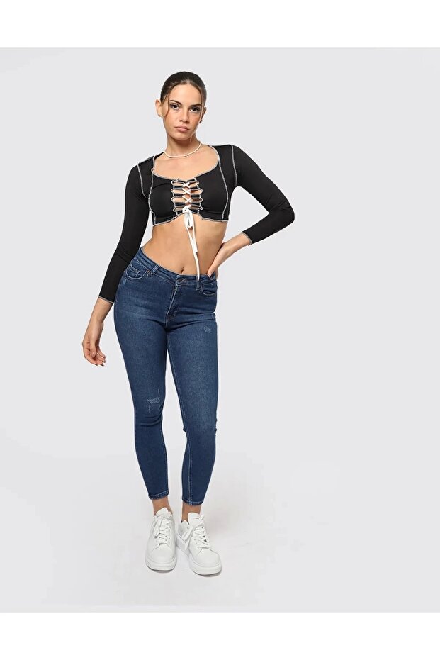 Göğüs Dekolteli Ters Dikiş Siyah Crop - 5