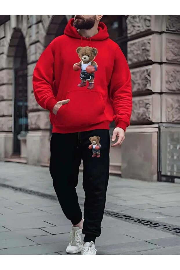 Men's Boxer Teddy Bear Printed Tracksuit Set - Hooded Bottom Top Set