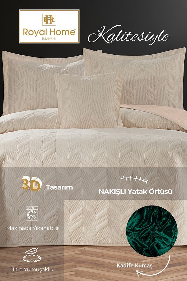 Serra Kadife Çift Kişilik Nakışlı Yatak Örtüsü Seti 4 Parça - 7