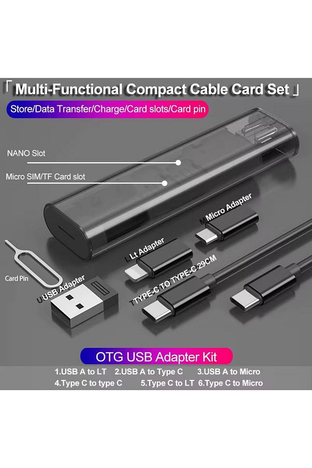 7in1 Seyahat Seti  Type-C to Type-C Kablo,  Kart Yuvası,  Usb/Mikro/Lightning Port, Sim Kart İğnesi - 3