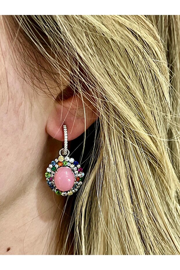 Pembe Taşlı Oval Küpe