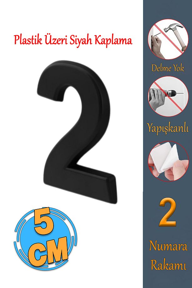 Yapışkanlı Kapı Numarası Küçük Boy 50 mm 5 cm Numara 2 Rakam İki Sayısı Siyah Renk Numaralar 1 Adet - 1