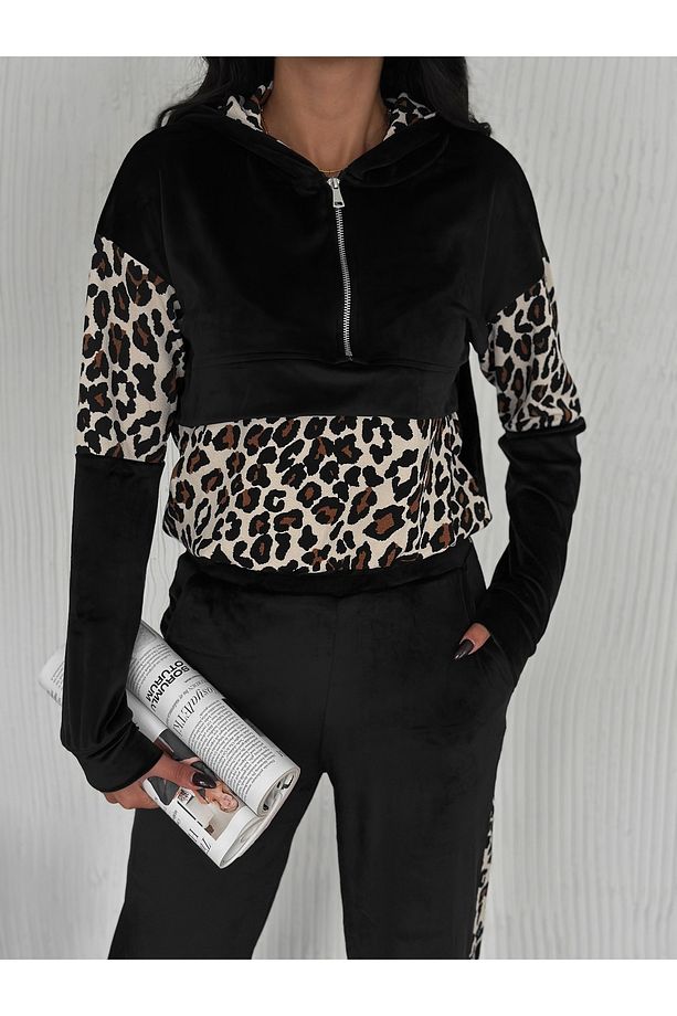 KADIN BOL PAÇA EŞOFMAN TAKIMI LEOPAR DESENLİ KAPÜŞONLU FERMUARLI TREND MODEL - 4