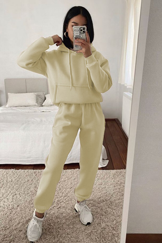 Women's Oversize 3 Thread Cotton Thick Hooded Kangaroo Pocket Leg Elastic Tracksuit Set