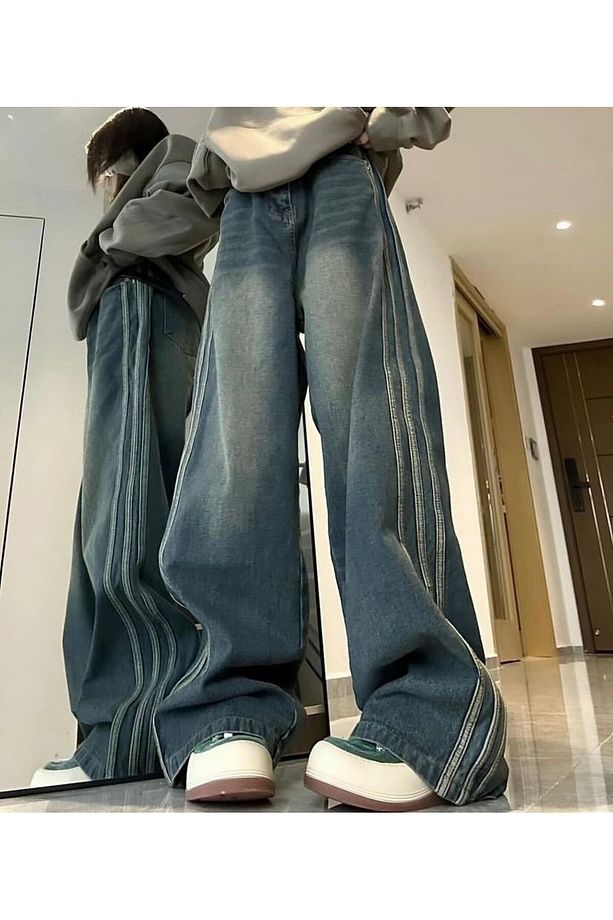 Y2k Eskitme Şerit Detay Yeşil Tint Yıkamalı Bol Baggy Jean Vintega - 4