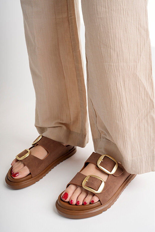 Women's Tan Matte Double Buckle Comfortable Sole Slippers