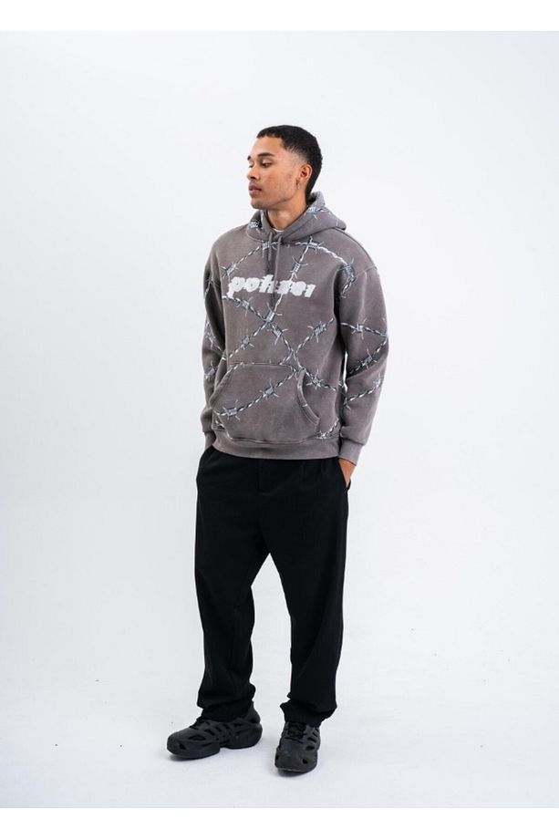 Tel Örgü Pano Baskı Düz Kapşonlu  Sweatshirt PLZ - 2
