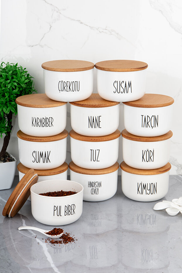 12-Piece 400ml Vacuum Acrylic Spice Jar Set with Wooden Lids, Transparent Labels, Spoons and Gift