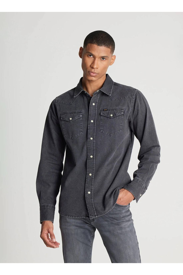 Regular Fit Normal Kesim %100 Pamuk Antrasit Jean Kot Gömlek - 3