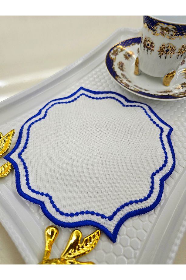 6 Adet Keten Kumaş Pıtpıt Desen Nakışlı Kahve Yanı Kokteyl Peçetesi & Bardak Altlığı - 1