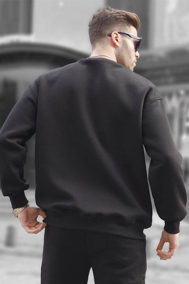 Siyah Bisiklet Yaka Oversize Şardonlu Basic Erkek Sweatshirt 6048 - 3