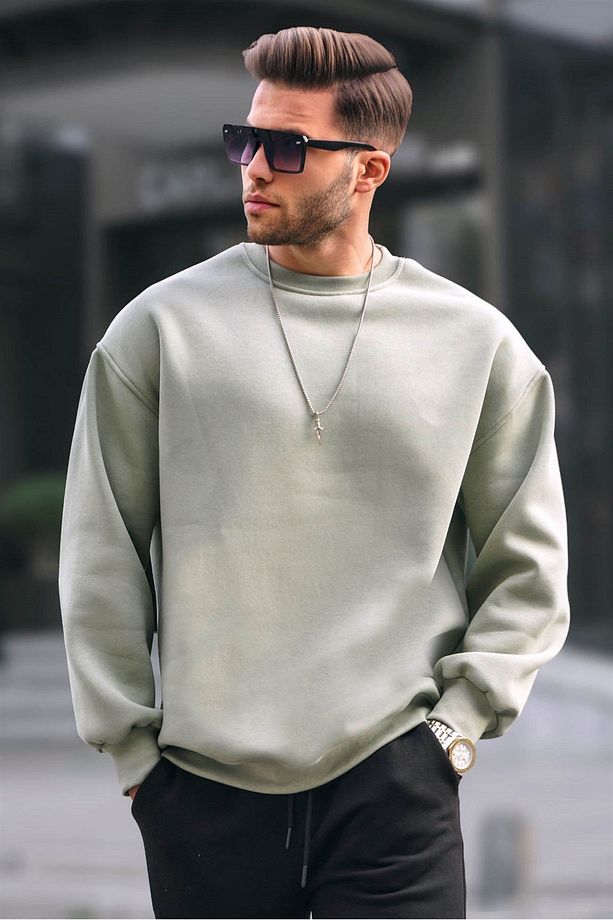 Mint Yeşili Bisiklet Yaka Oversize Şardonlu Basic Erkek Sweatshirt 6048 - 1