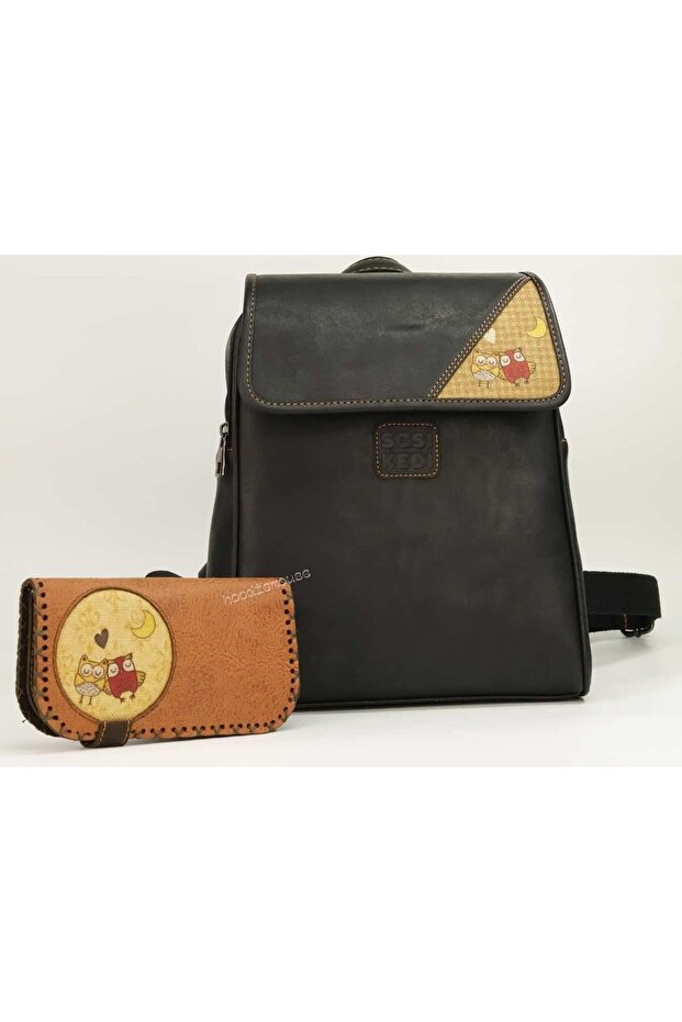 Black Owl Figured - Ethnic Bohemian Style Business Wallet & Backpack