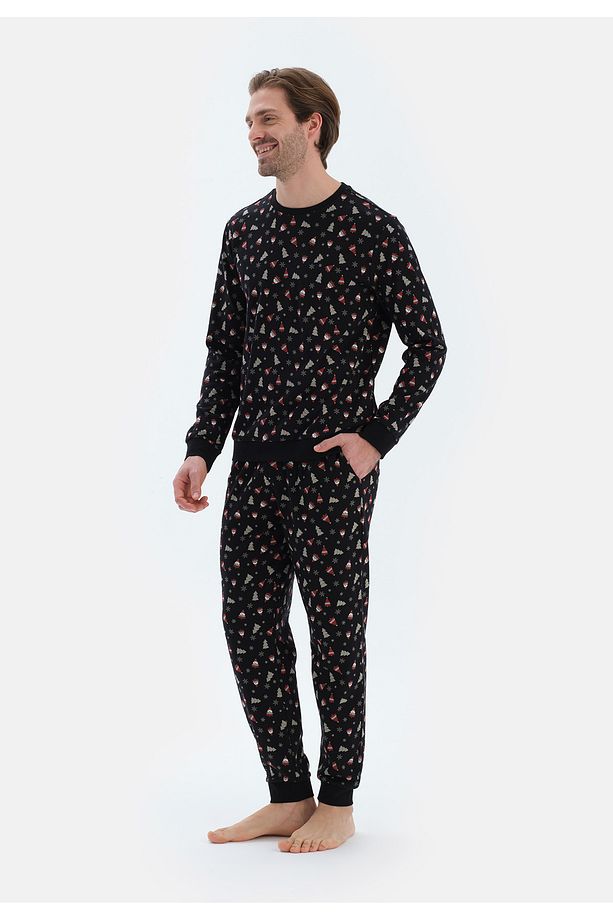 Siyah Metraj Baskılı İpek Apre İnterlok Pijama Takımı - 3