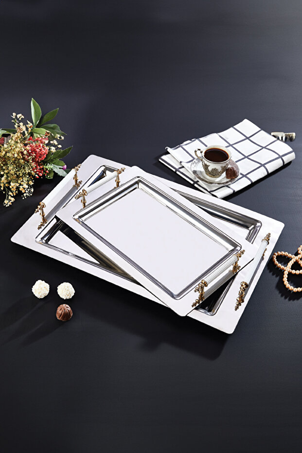 Palace 2-Piece Stainless Steel Silver Presenter Tea Coffee Tray Gold White Detailed Serving Tray