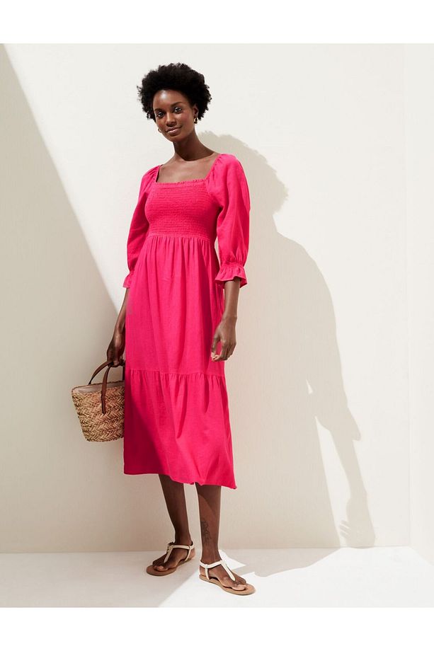 Regular Fit Midi Keten Elbise - 1