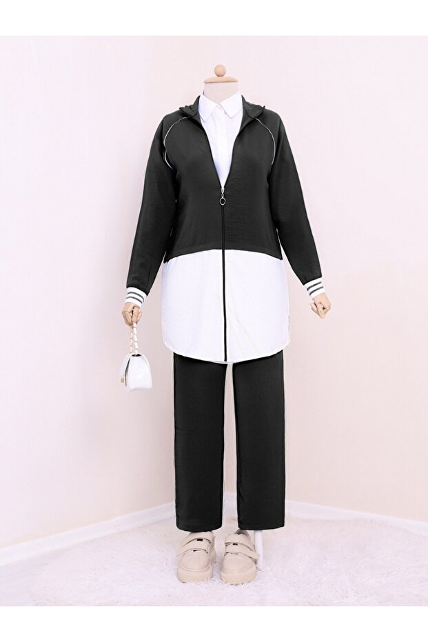 Tall Zippered High Collar Garnished Suit - Black