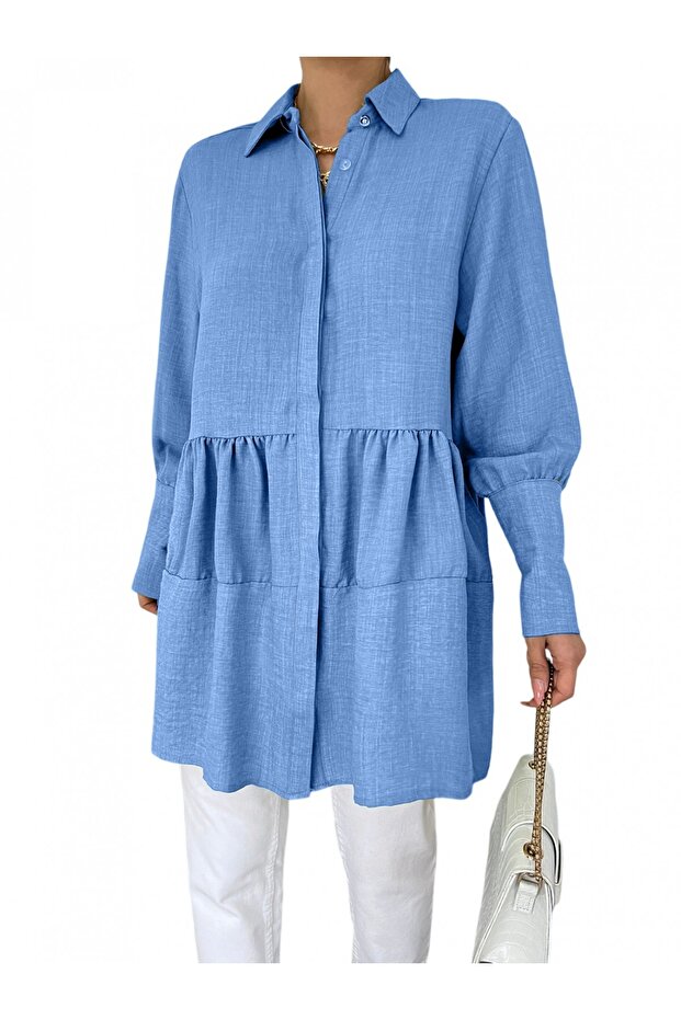 Pieced Linen Tunic with Stoned Buttons on Arm Cuff - 2