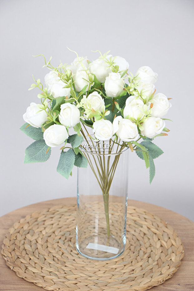 Artificial Flower 18Pcs Garnished Bud Rose Bouquet White