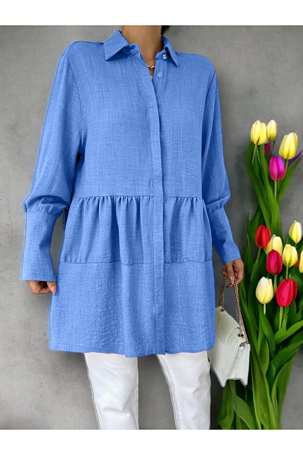 Pieced Linen Tunic with Stoned Buttons on Arm Cuff - 1