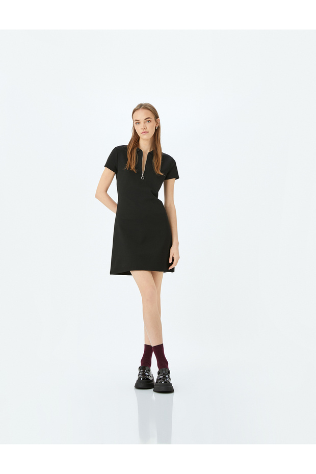Polo Neck Half Zip Short Sleeve Mini A-Line Dress