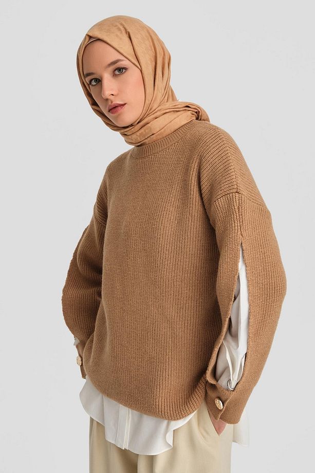 Kolu Yırtmaç Detaylı Kazak 24kd4201 Camel - 4