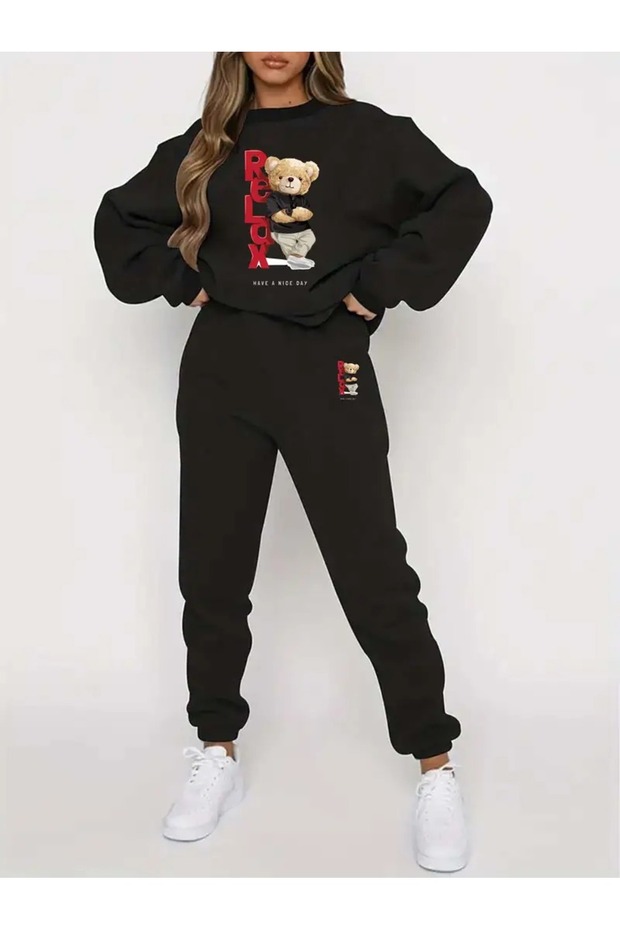 Women's Teddy Bear Printed Crew Neck Sweatshirt Set - Top and Bottom Set - Plus Size Sweatshirt Set