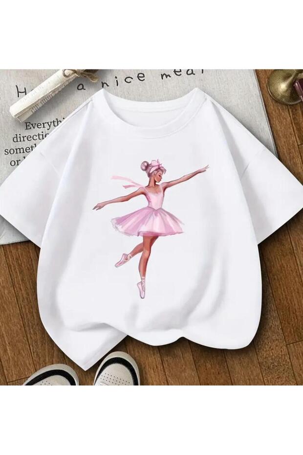 Girl's Crew Neck Ballerina Girl Printed Short Sleeve T-Shirt