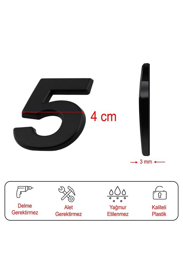 Yapışkanlı Kapı Numarası Küçük Boy 50 mm 5 cm Numara 5 Rakam Beş Sayısı Siyah Renk Numaralar 1 Adet - 3