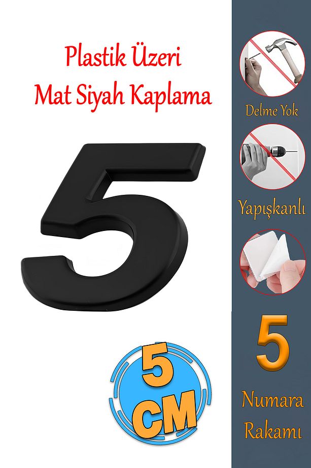 Yapışkanlı Kapı Numarası Küçük Boy 50 mm 5 cm Numara 5 Rakam Beş Sayısı Siyah Renk Numaralar 1 Adet - 1
