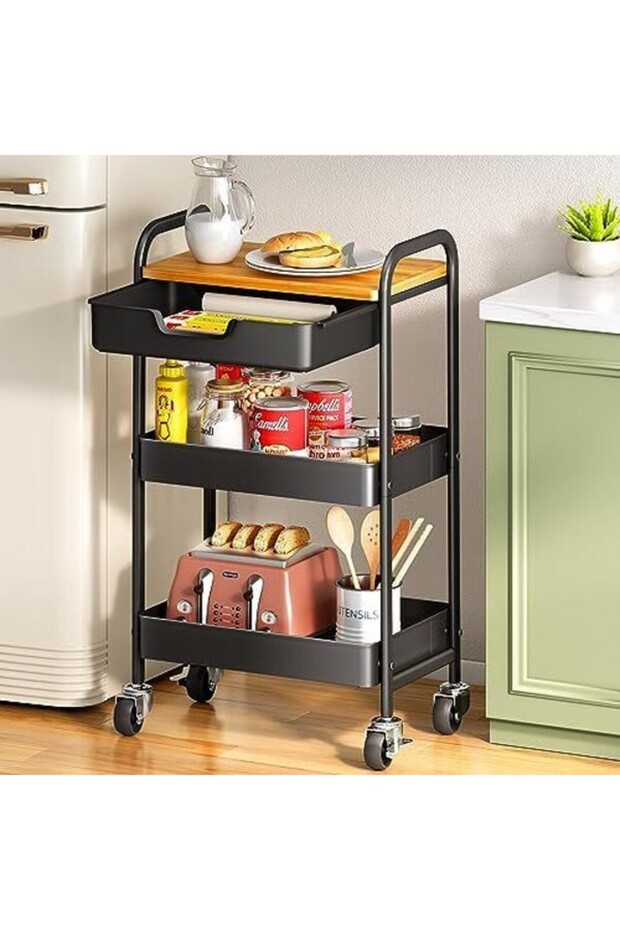 عربة مطبخ متعددة الاستخدامات ذات عجلات دوارة ثلاثية الطبقات لتوفير المساحة - 3