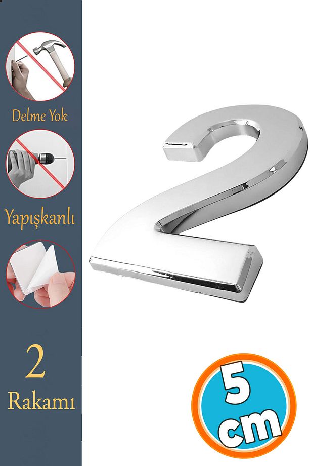 Kapı Numarası Yapışkanlı Küçük Boy 50 mm 5 cm Numara 2 Rakam İki Sayısı Krom Renk Numaralar 1 Adet - 1