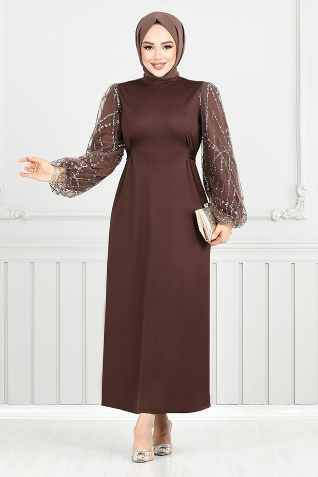 Coffee Color Glitter Detail Evening Dress 5602End900-M