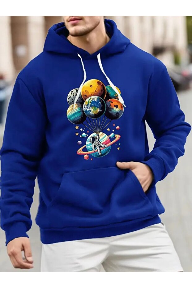 Space Themed Printed Hooded Sweatshirt