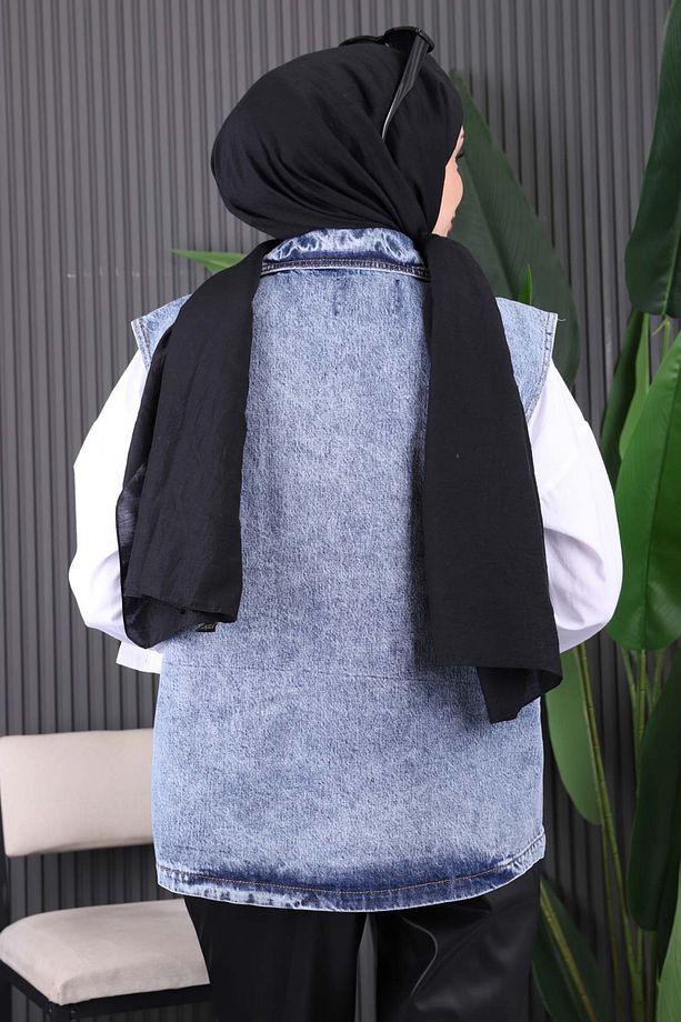 Mavi Cepli Önü Çıtlı Kot Yelek - 4