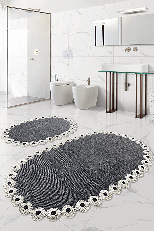 Gülruba Oval Anthracite Dowry Lace 2-Piece Bath Mat Set Non-Slip Base Toilet Seat