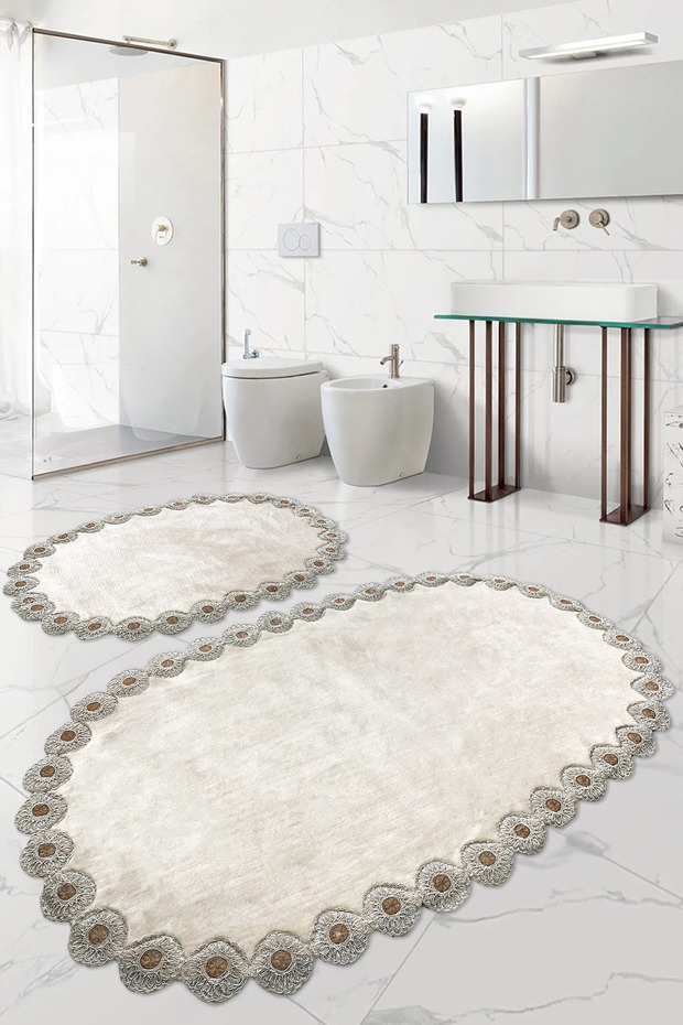 Gülruba Oval Mink Dowry Box with Lace, 2-Piece Bath Mat Set, Non-Slip Base Toilet Set
