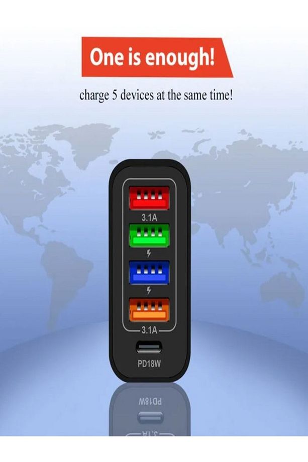Quick Charge 48W 4 USB + 18W Pd Çoklu Şarj Başlığı Type C Girişli Hızlı Şarj Adaptörü A501-1 - 4