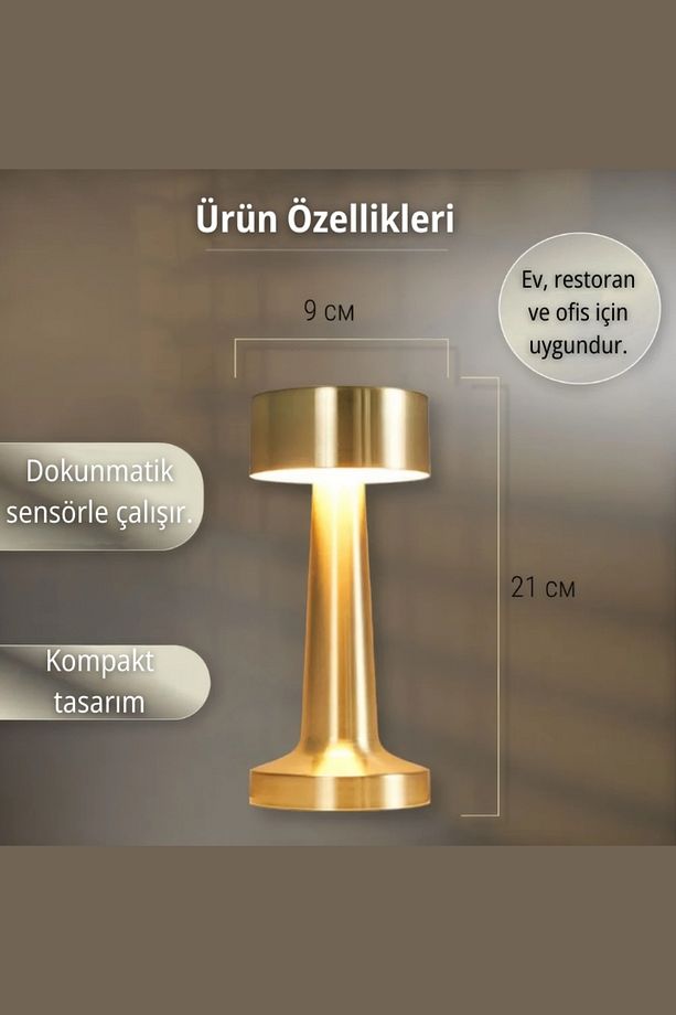 Gold Şarjlı Dokunmatik Masa ve Gece Lambası- Dimmerli ve Enerji Tasarruflu LED Işık Aydınlatma - 6