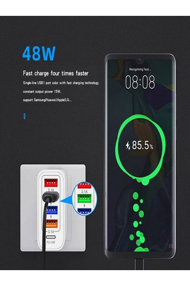 Quick Charge 48W 4 USB + 18W Pd Çoklu Şarj Başlığı Type C Girişli Hızlı Şarj Adaptörü A501-1 - 3
