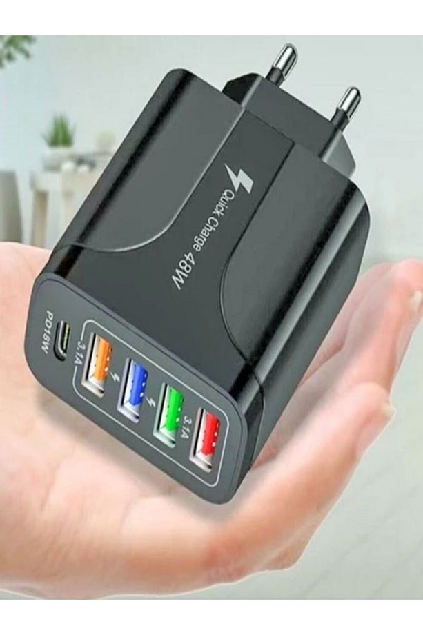 Quick Charge 48W 4 USB + 18W Pd Çoklu Şarj Başlığı Type C Girişli Hızlı Şarj Adaptörü A501-1 - 1